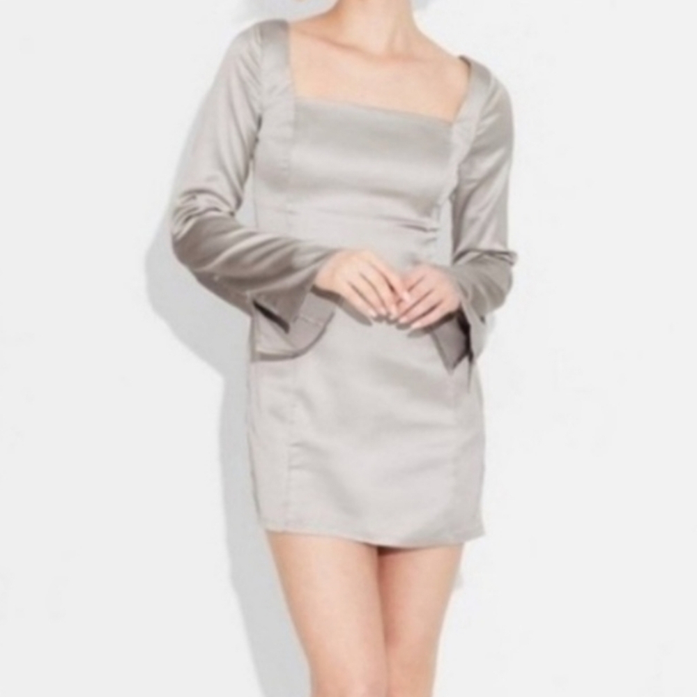 Wild Fable Silver Bell Long Sleeve Satin Mini Bodycon Holiday Dress NWT - Picture 2 of 6
